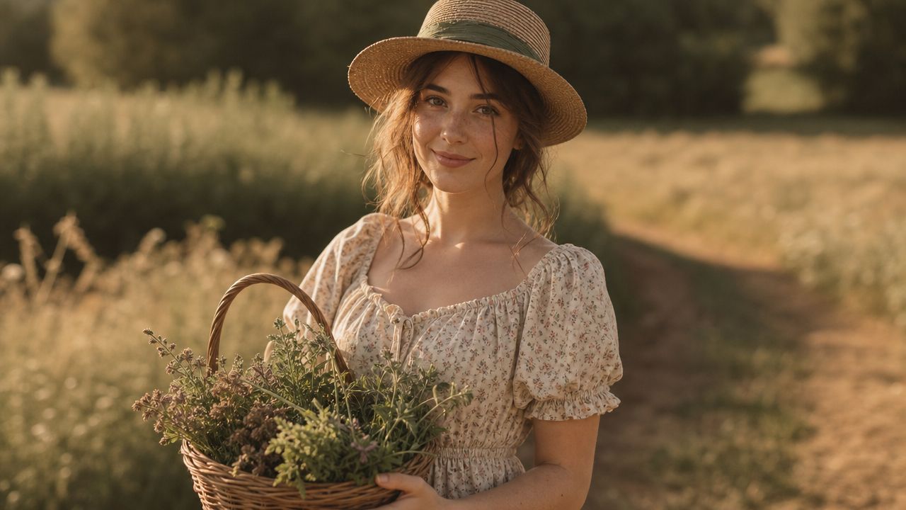 A young woman wearing a straw hat and floral dress carries a woven basket filled with wildflowers.