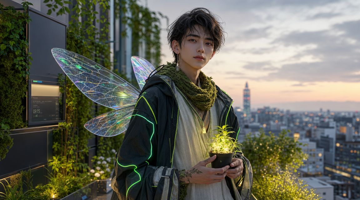 A fantasy character with glowing insect wings holding a small, illuminated plant on a city balcony at sunset.