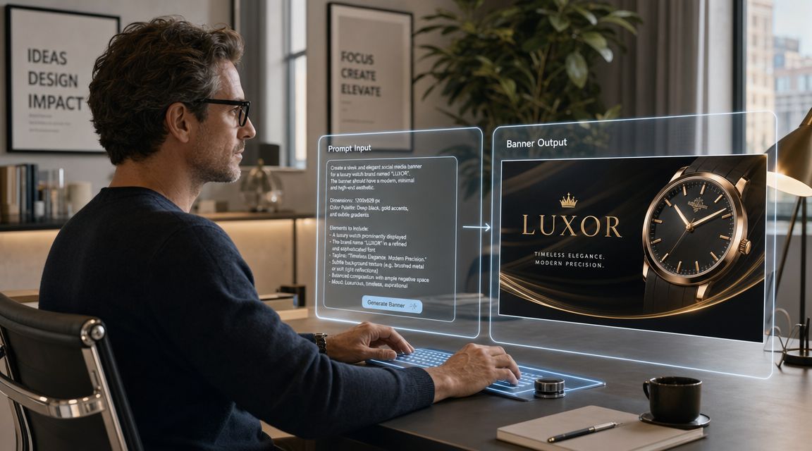 A professional man at a desk using an advanced holographic interface to design a luxury watch advertisement.