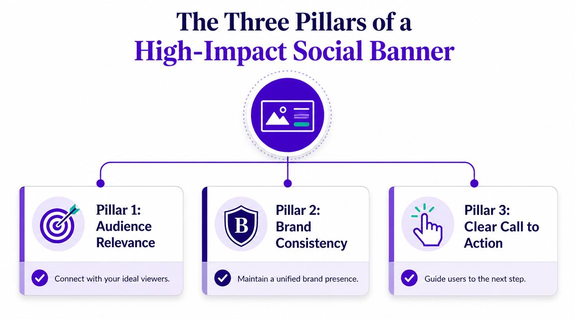 A diagram displaying the three pillars of a high-impact social banner: audience relevance, brand consistency, and clear call-to-action.
