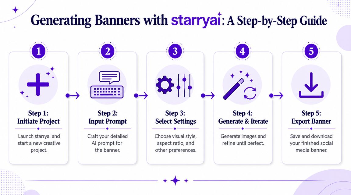 A five-step guide on how to create professional social media banners using the starryai generation tool.
