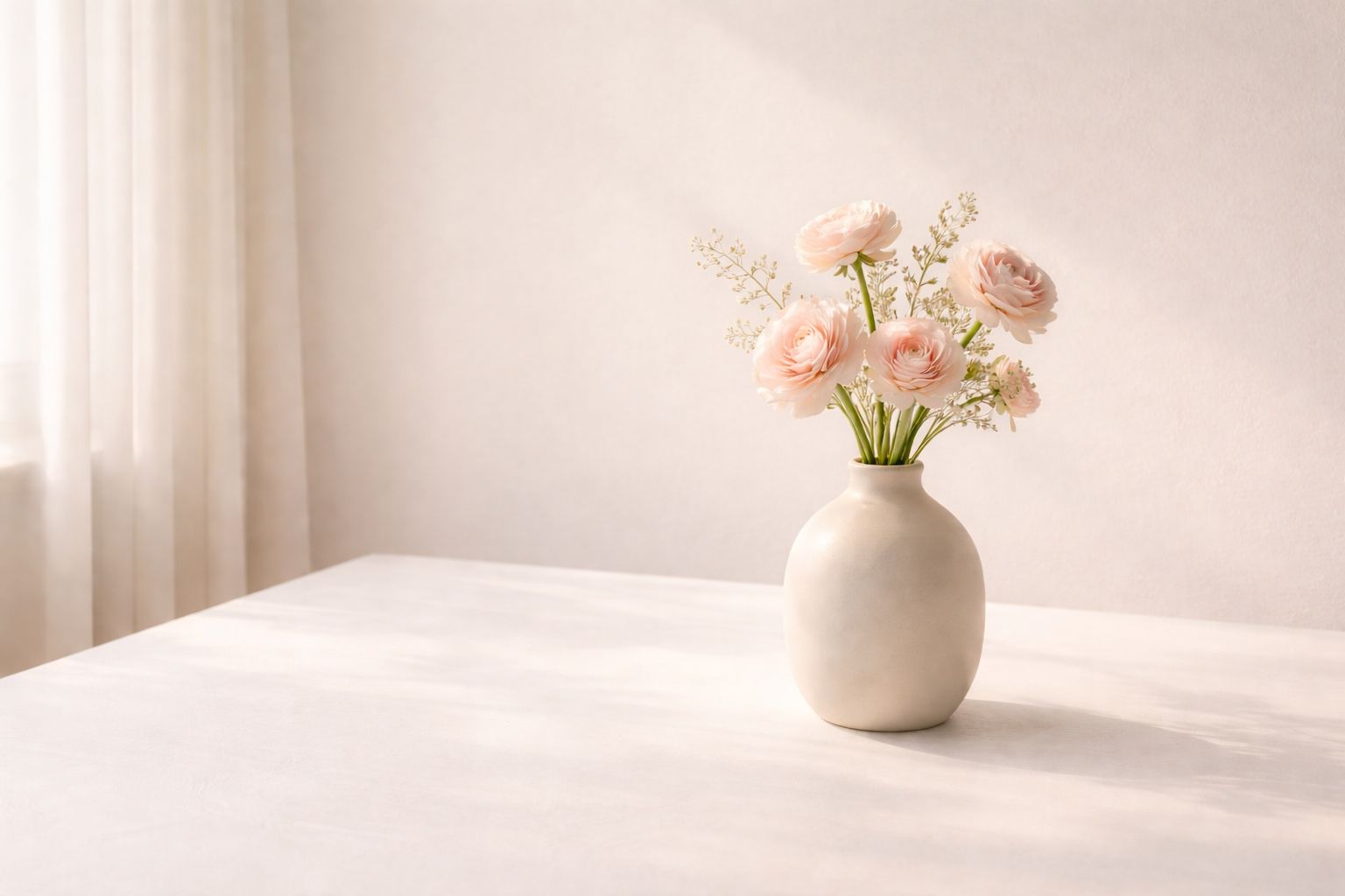 A minimalist still life featuring a small beige vase filled with delicate light pink ranunculus flowers.
