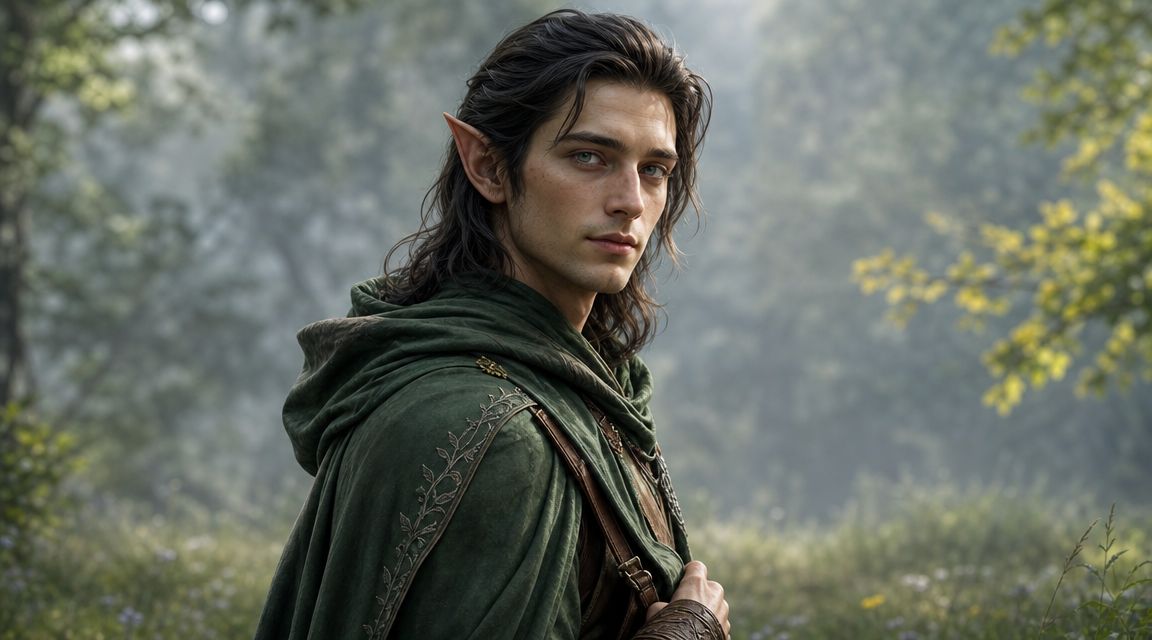 A close-up of a handsome elf man with long hair, wearing a green cloak in a forest.