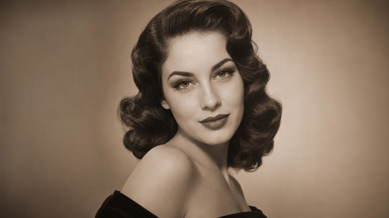 A glamourous woman with vintage 1940s hairstyle and bold makeup in a classic sepia-toned portrait studio style.