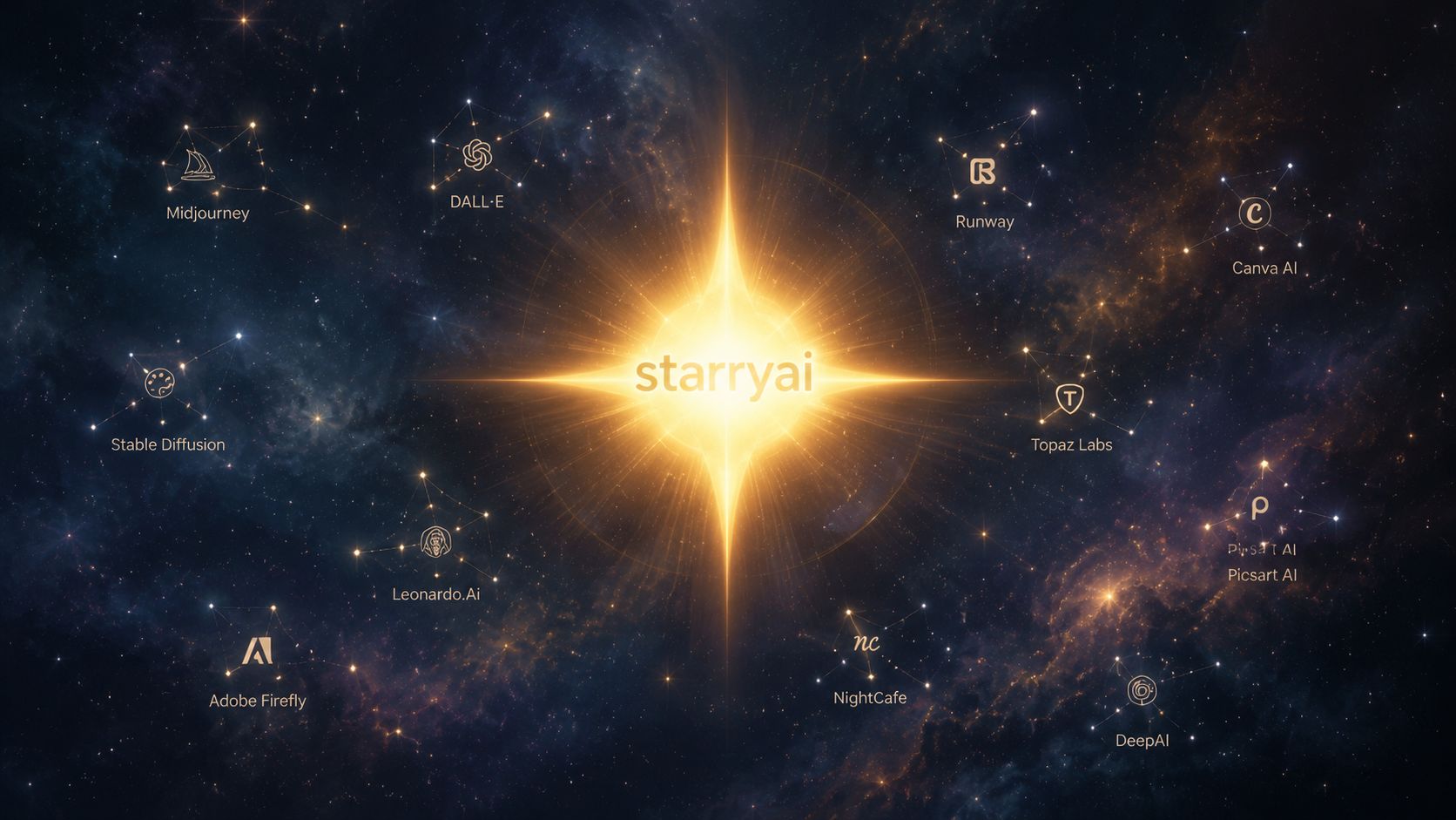 A constellation graphic featuring starryai at the center surrounded by various AI image generator logos.