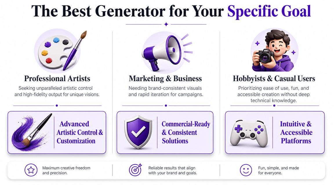 A comparison chart showing the best AI image generator for artists, businesses, and casual users.