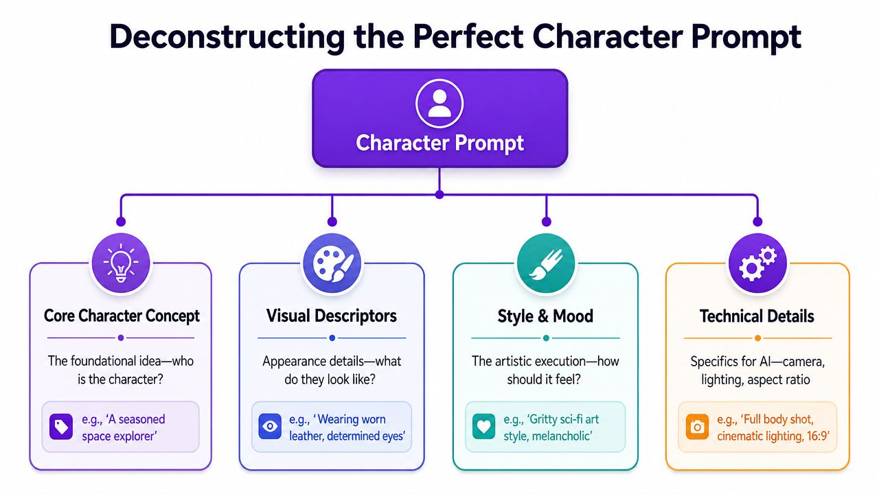 A diagram outlining the four essential components for creating the perfect AI character art prompt.