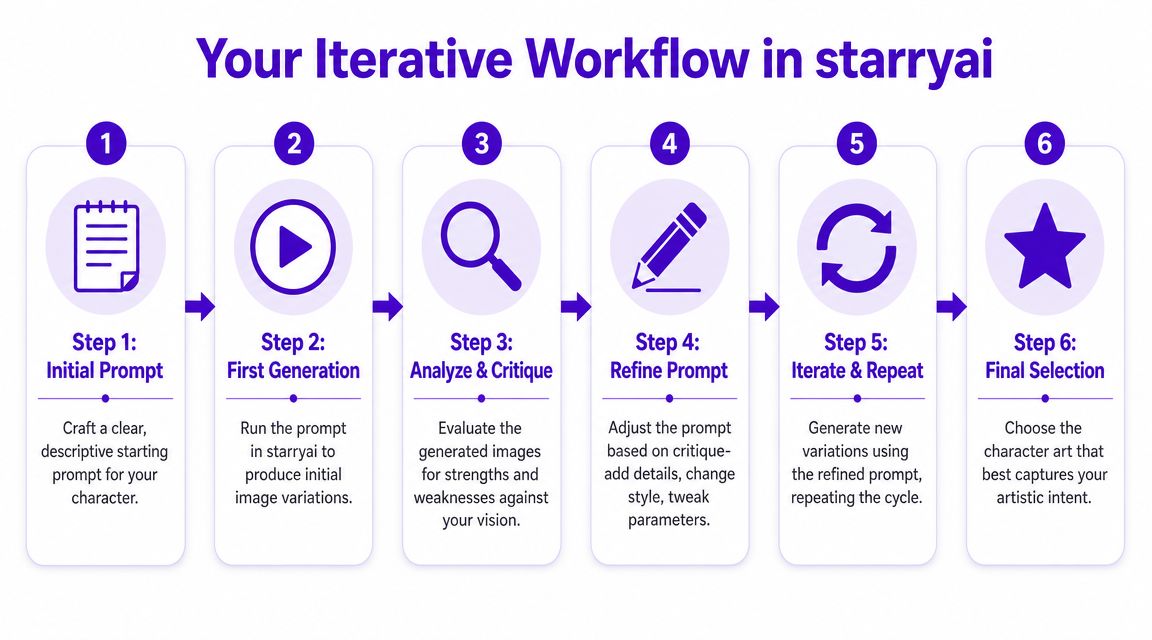 A six-step infographic titled Your Iterative Workflow in starryai, illustrating the process of creating character art.
