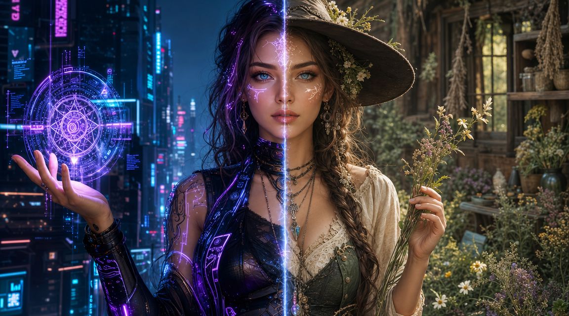 A digital split-screen portrait featuring a cyberpunk woman on one side and a mystical forest witch on the other.