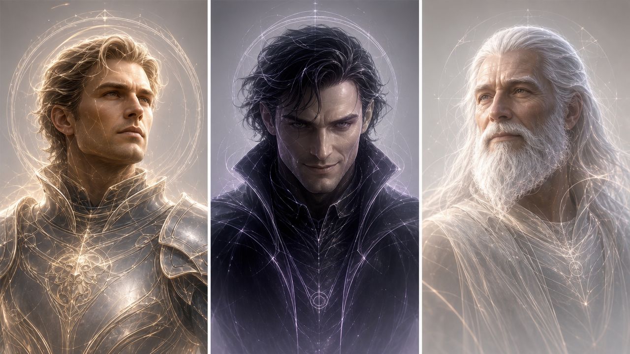 A triptych of three distinct fantasy male characters surrounded by glowing ethereal circular patterns and lines.