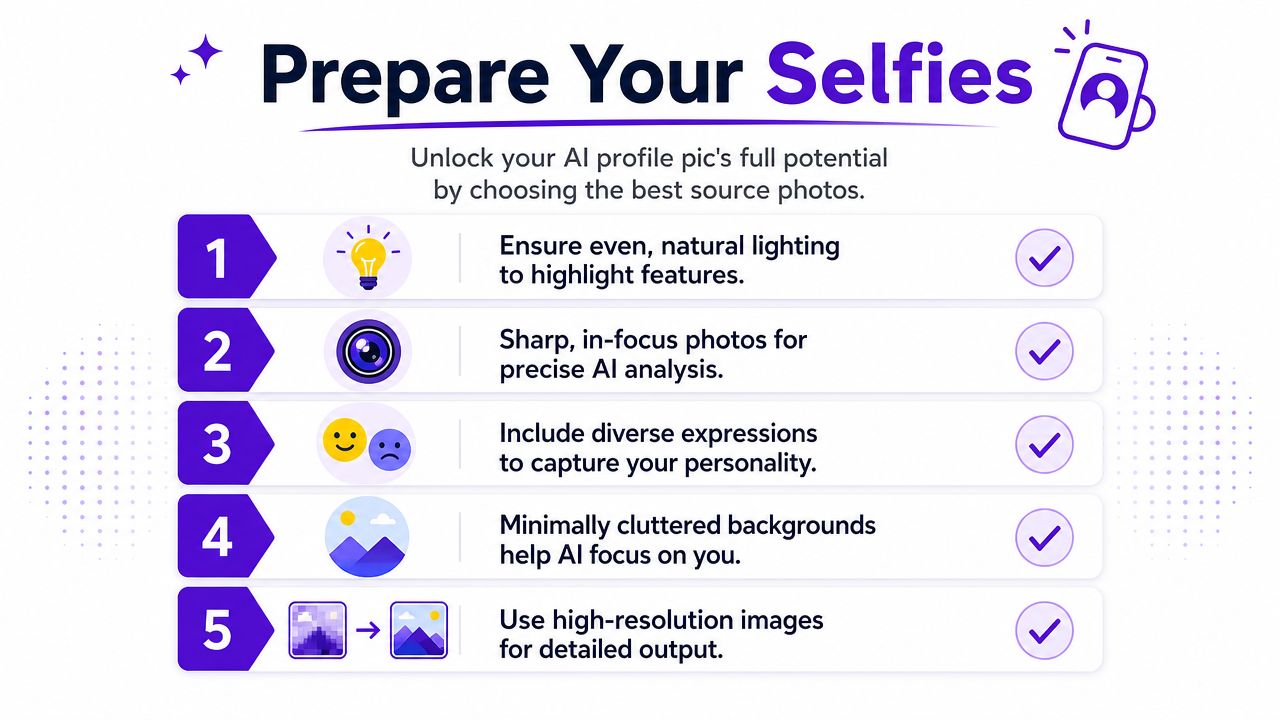 An infographic titled Prepare Your Selfies, detailing five essential tips for choosing high-quality source photos for AI-generated portraits.
