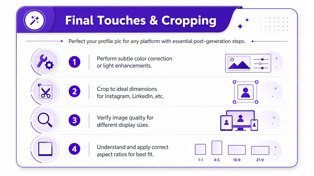An infographic detailing four essential post-generation steps for finalizing and cropping an AI-generated profile picture.