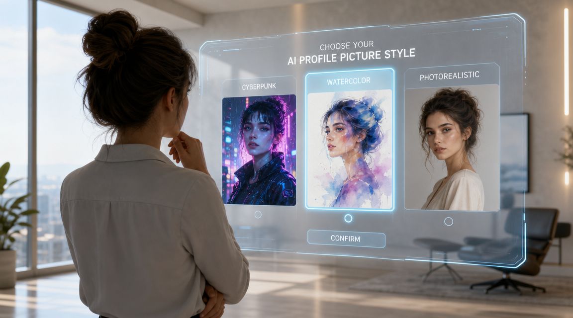 A woman looks at a holographic display panel showing AI profile picture style options in a room.