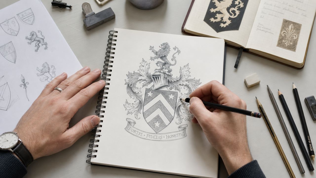An artist drawing a detailed custom coat of arms illustration on a sketchbook page using a pencil.
