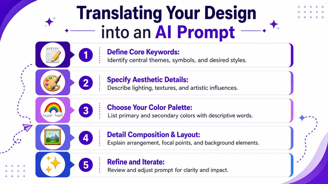 An infographic showing a five-step process for creating an effective AI prompt for design projects.