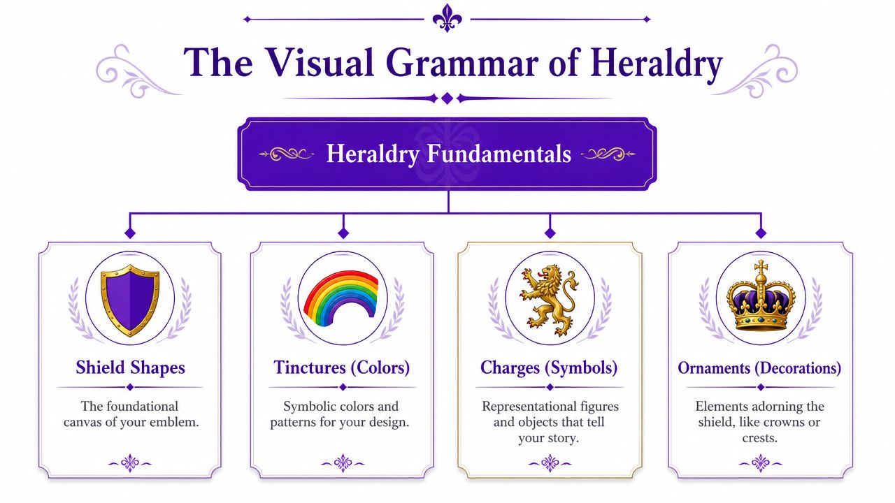 A diagram titled The Visual Grammar of Heraldry showing the four fundamental components of designing a coat of arms.