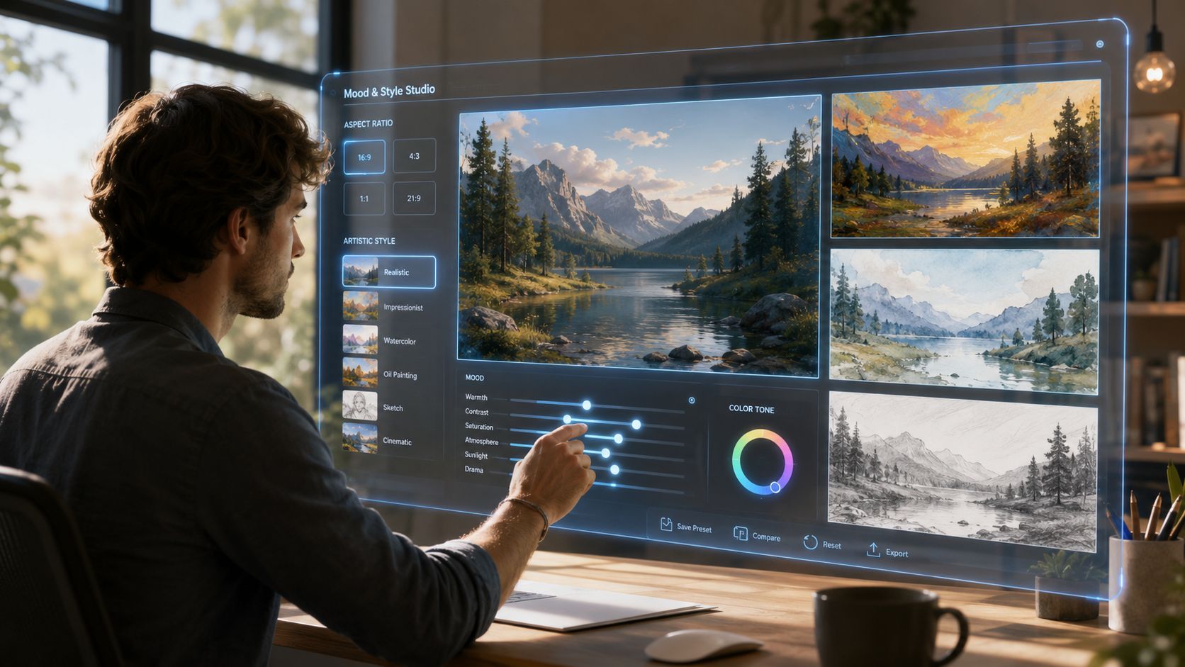 A man interacting with a futuristic digital interface to edit a landscape image with various style options.