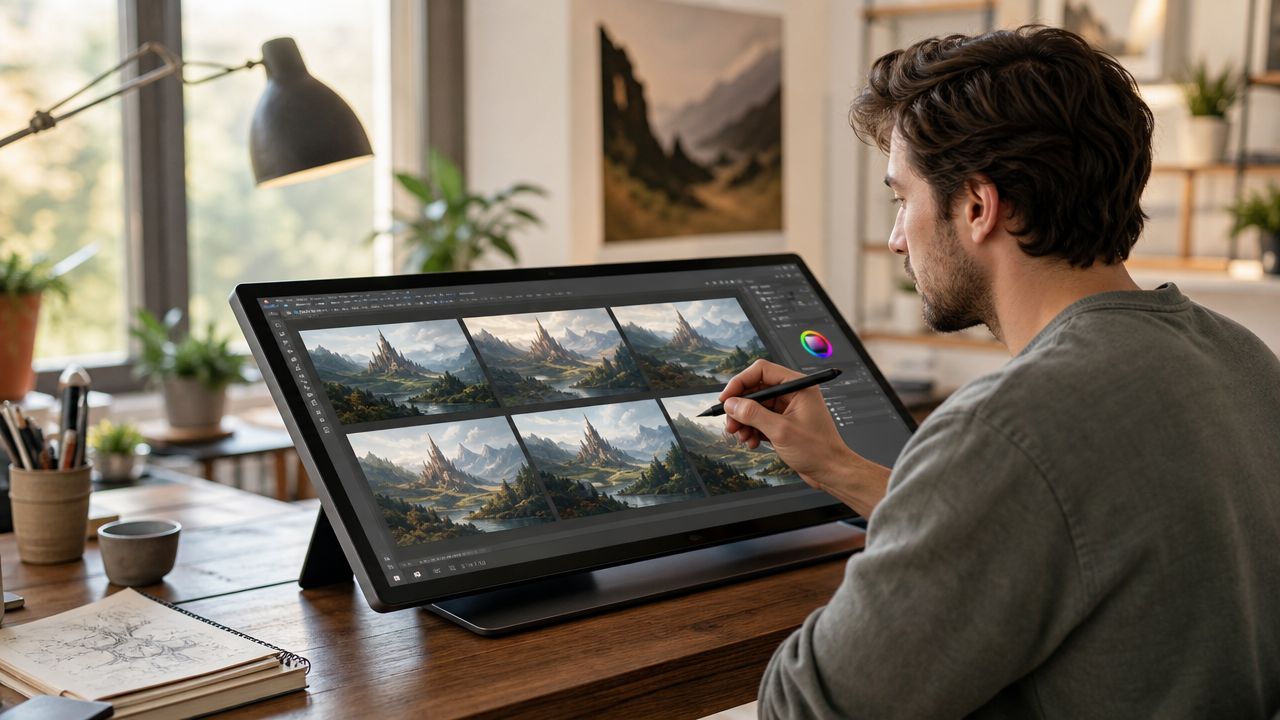 A digital artist uses a stylus on a drawing tablet to edit multiple landscape scenes.