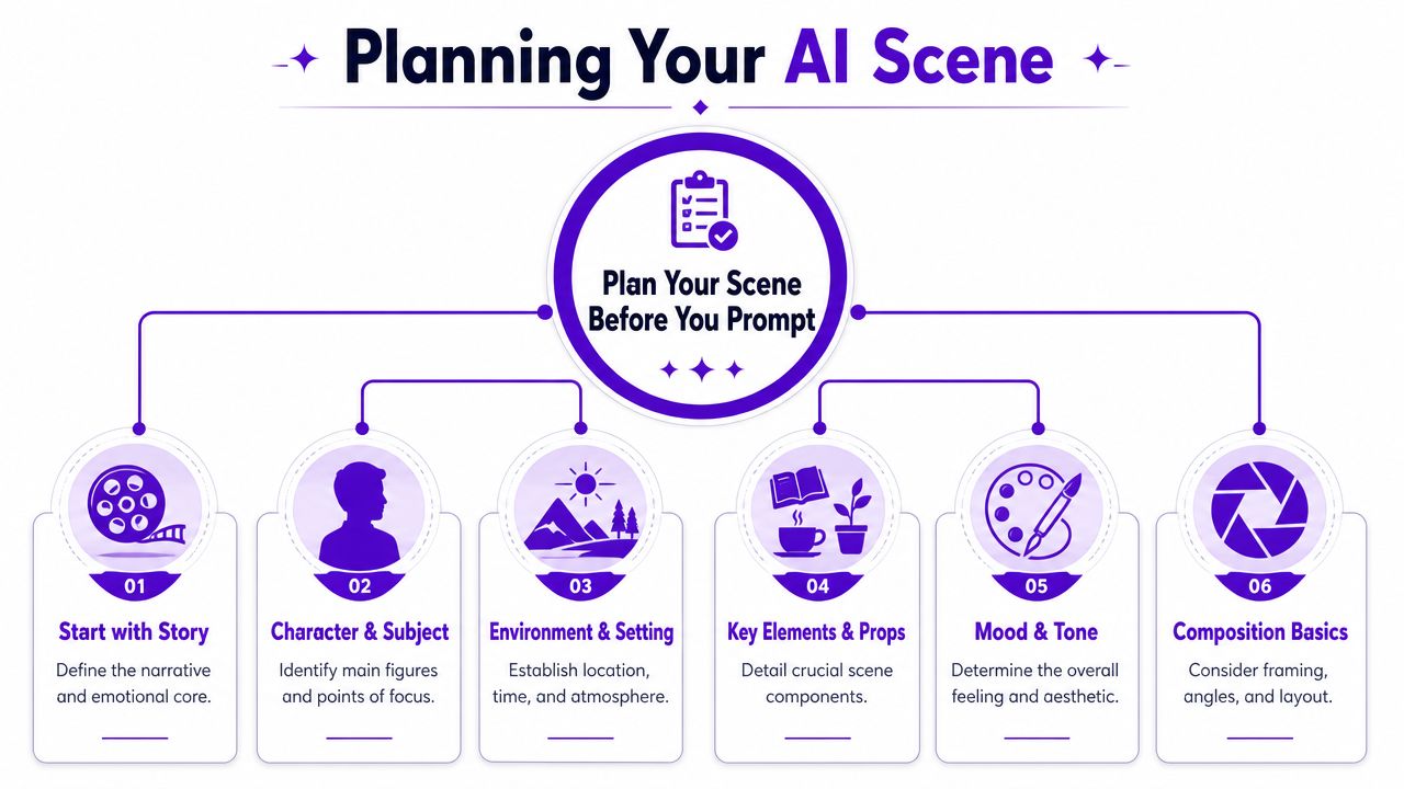 A diagram illustrating a six-step planning process to create an effective and detailed AI image prompt.