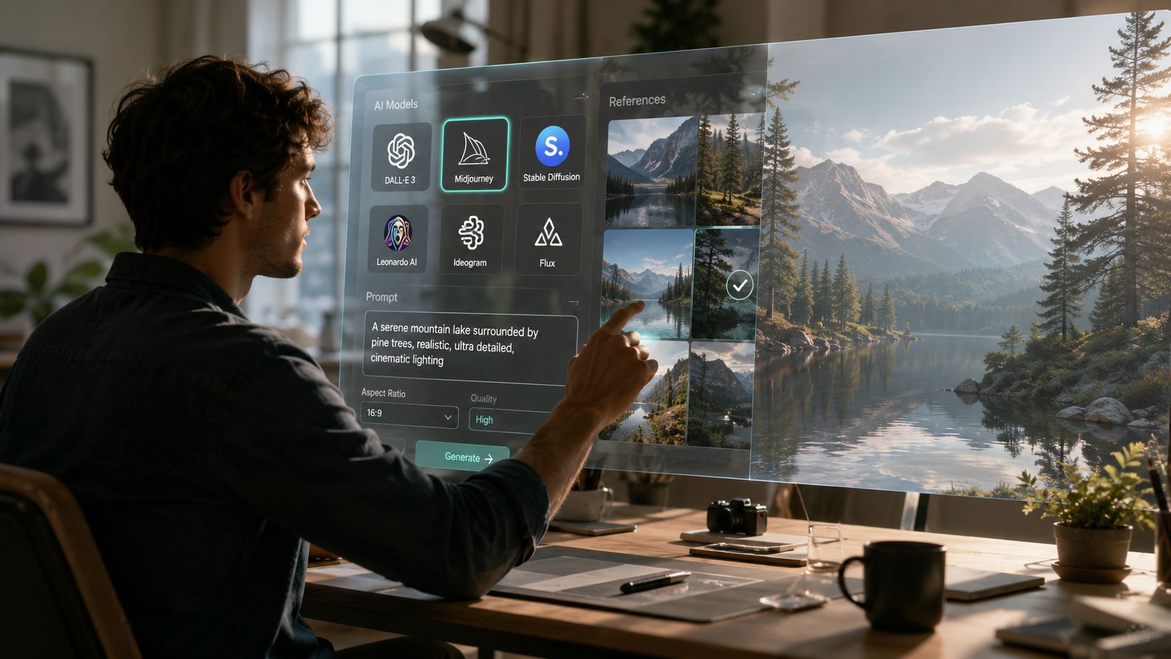 A man interacting with a holographic interface to generate high-quality realistic landscape images using AI software.