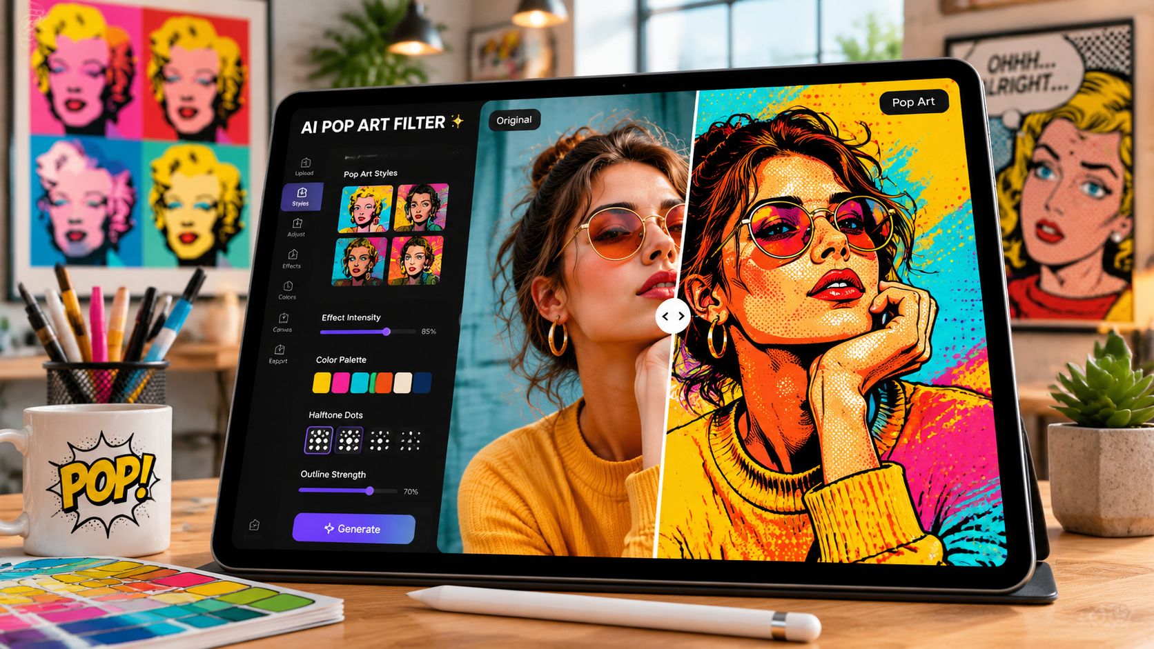 A digital tablet displaying an AI pop art filter application with a before and after comparison.