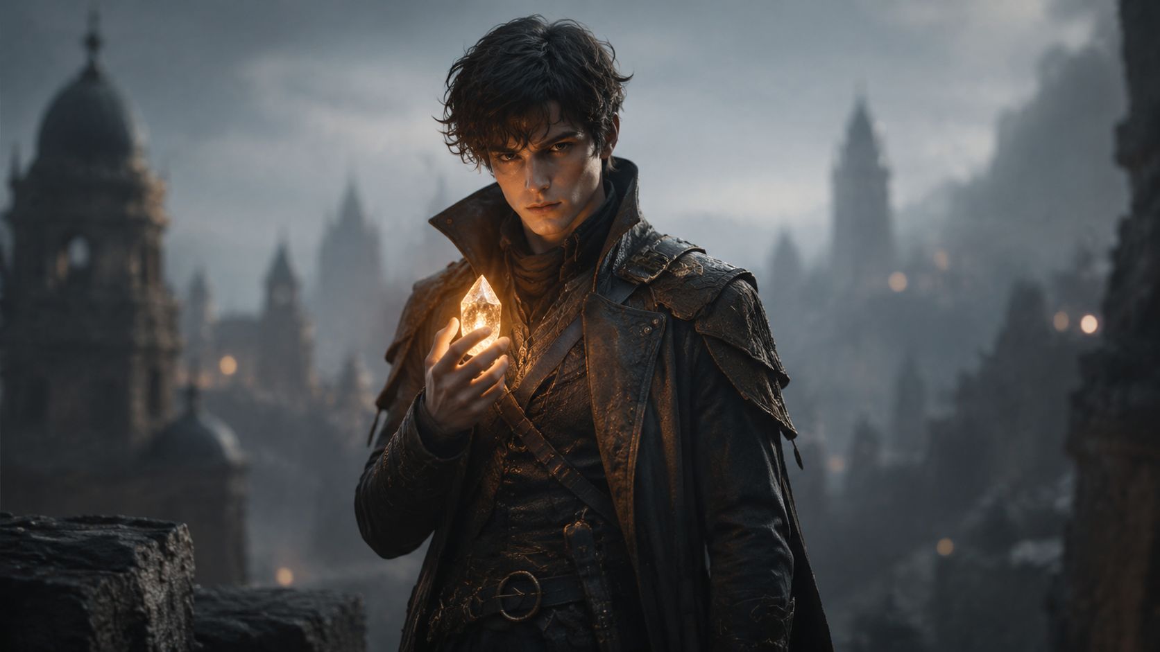 A mysterious young man with messy hair holding a glowing magical crystal in a ruined gothic city.