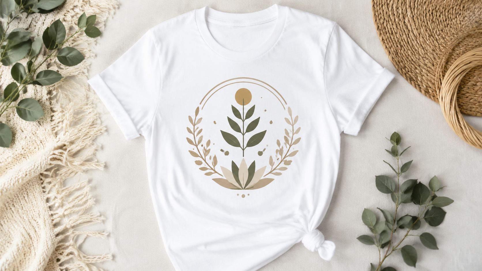 A stylish white t-shirt featuring a minimalist botanical print with leaves and a sun, displayed flat.