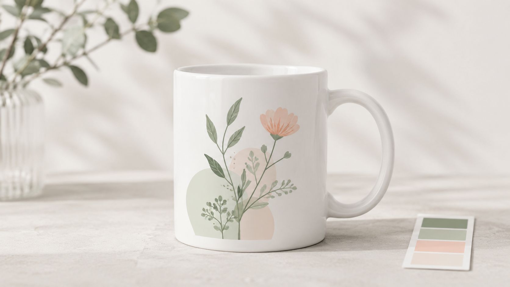 A ceramic coffee mug featuring a delicate floral and abstract shape design on a minimalist desk surface.