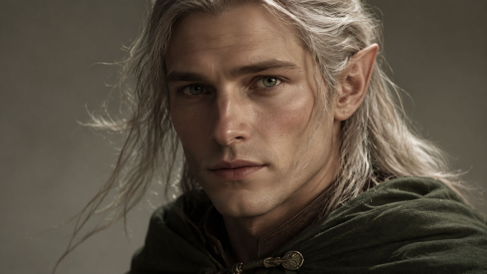 A close-up portrait of a fantasy male elf with long white hair wearing a green cloak.