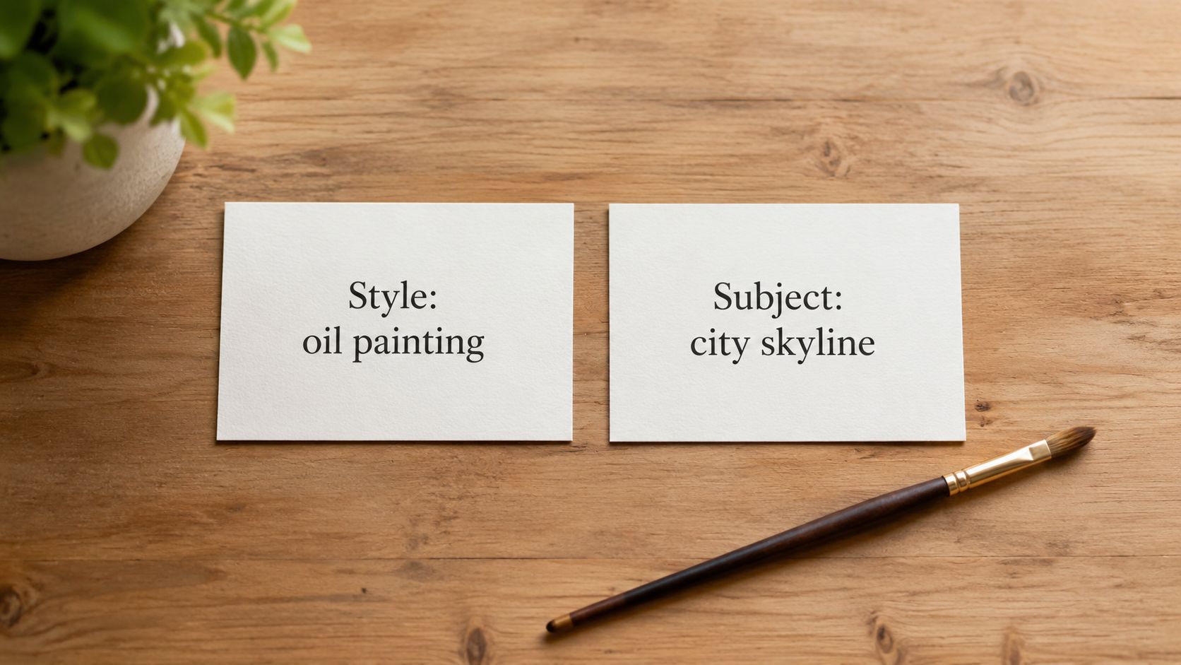 Two white cards on a wooden surface with the text oil painting and city skyline written on them.