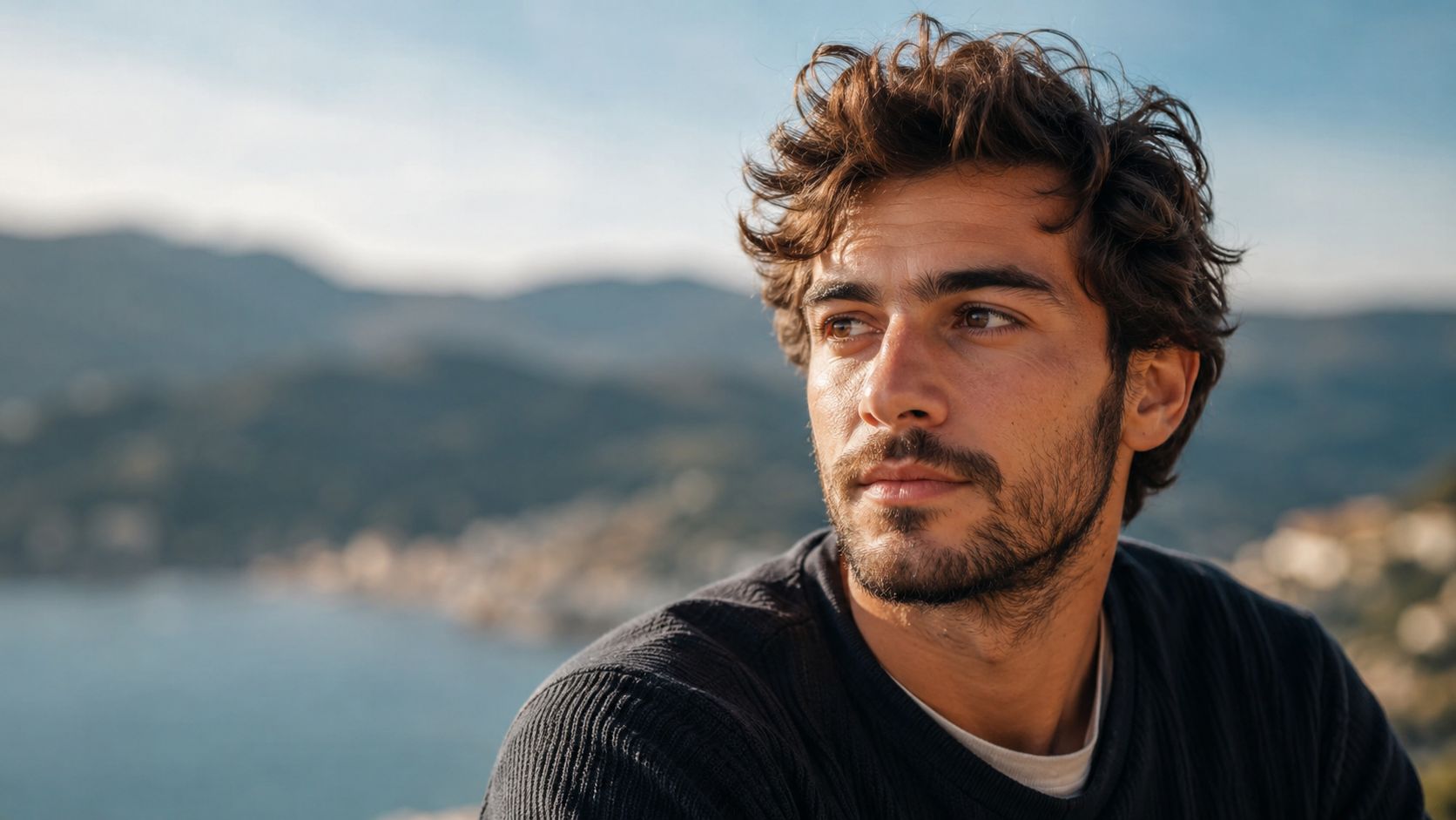A pensive young man with wavy brown hair looking away against a soft coastal mountain background.