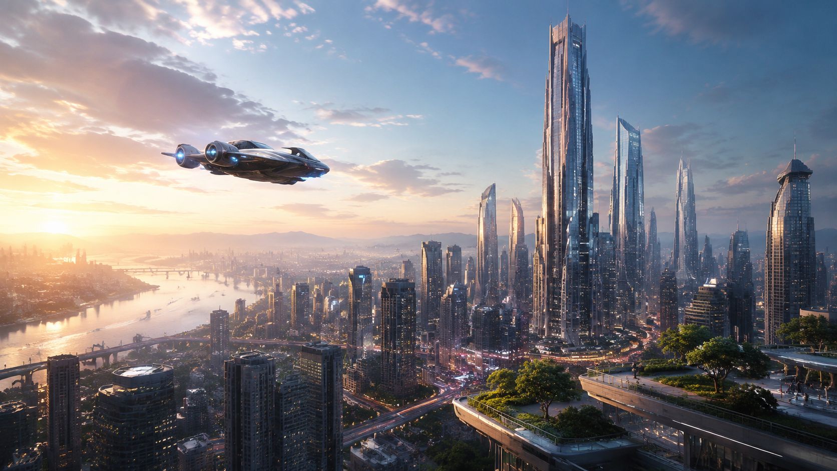 A futuristic city skyline with towering skyscrapers at sunset and a sleek flying vehicle overhead.