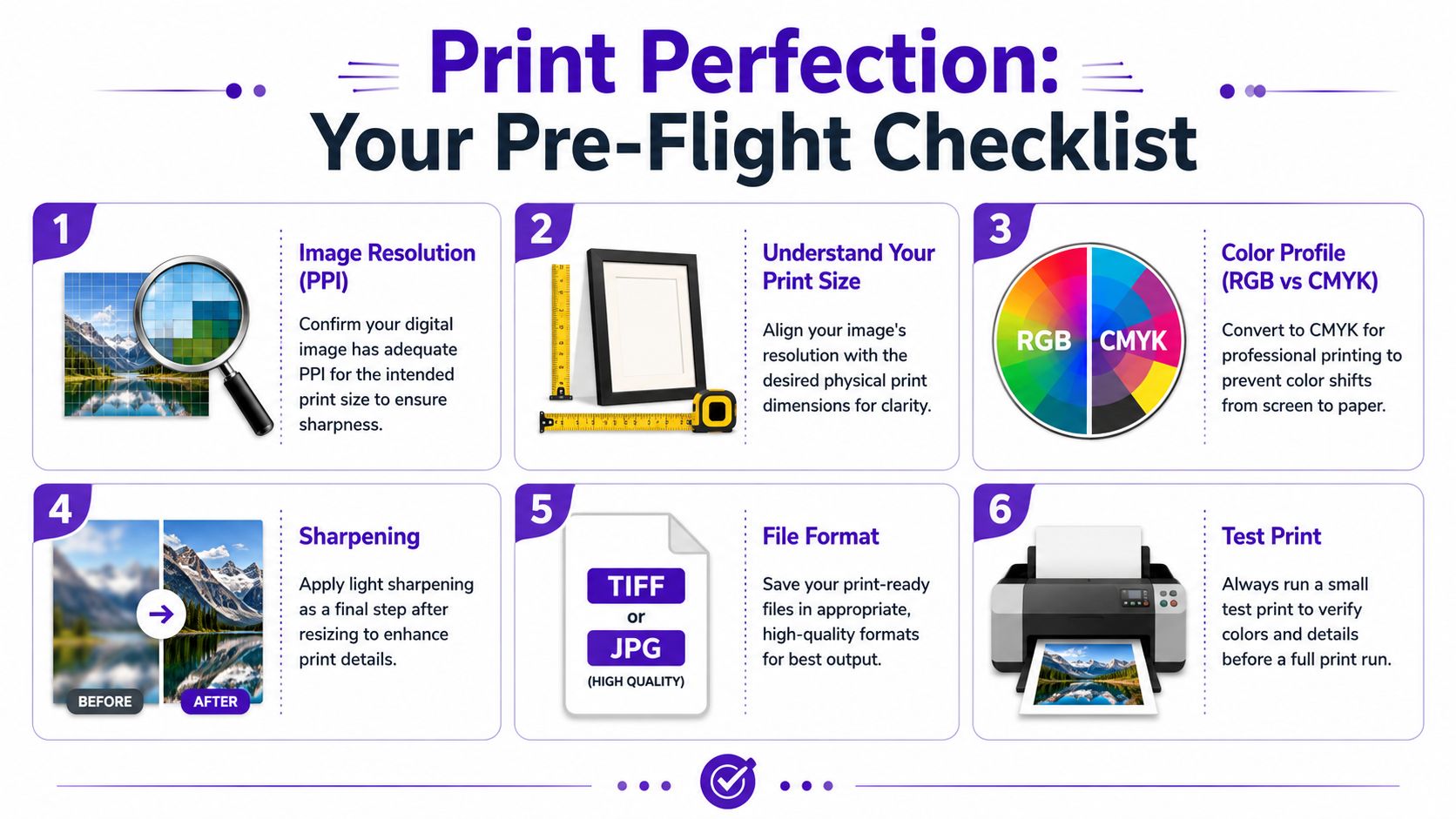 A six-step infographic guide titled Print Perfection: Your Pre-Flight Checklist for achieving high-quality print images.