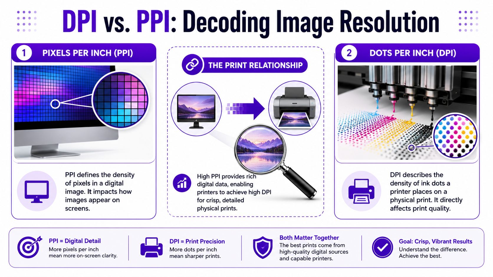 An infographic explaining the differences between PPI for digital screen resolution and DPI for physical print quality.