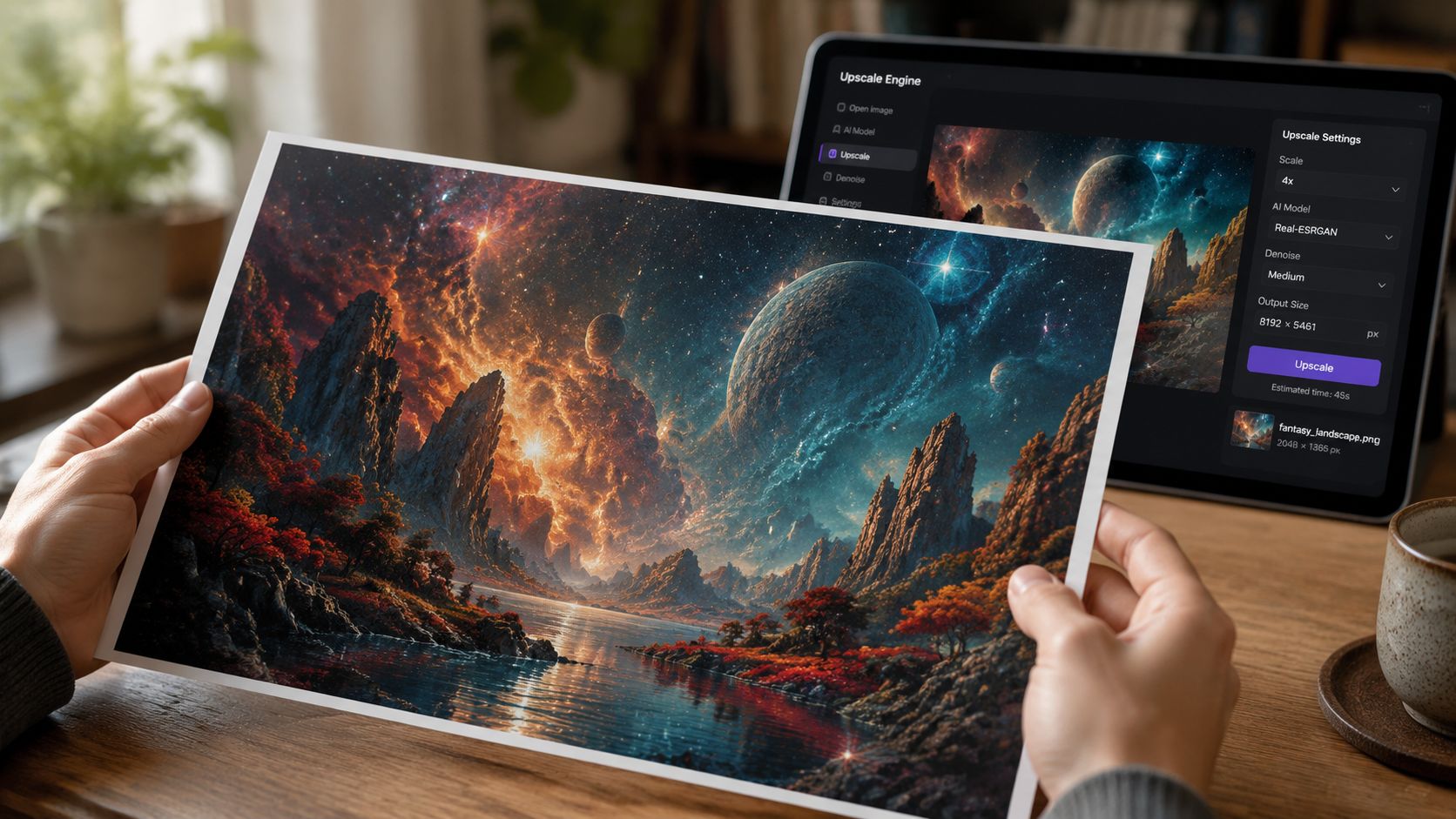 A person holds a high-quality printed landscape image of a fantasy galaxy above a tablet upscaling software.