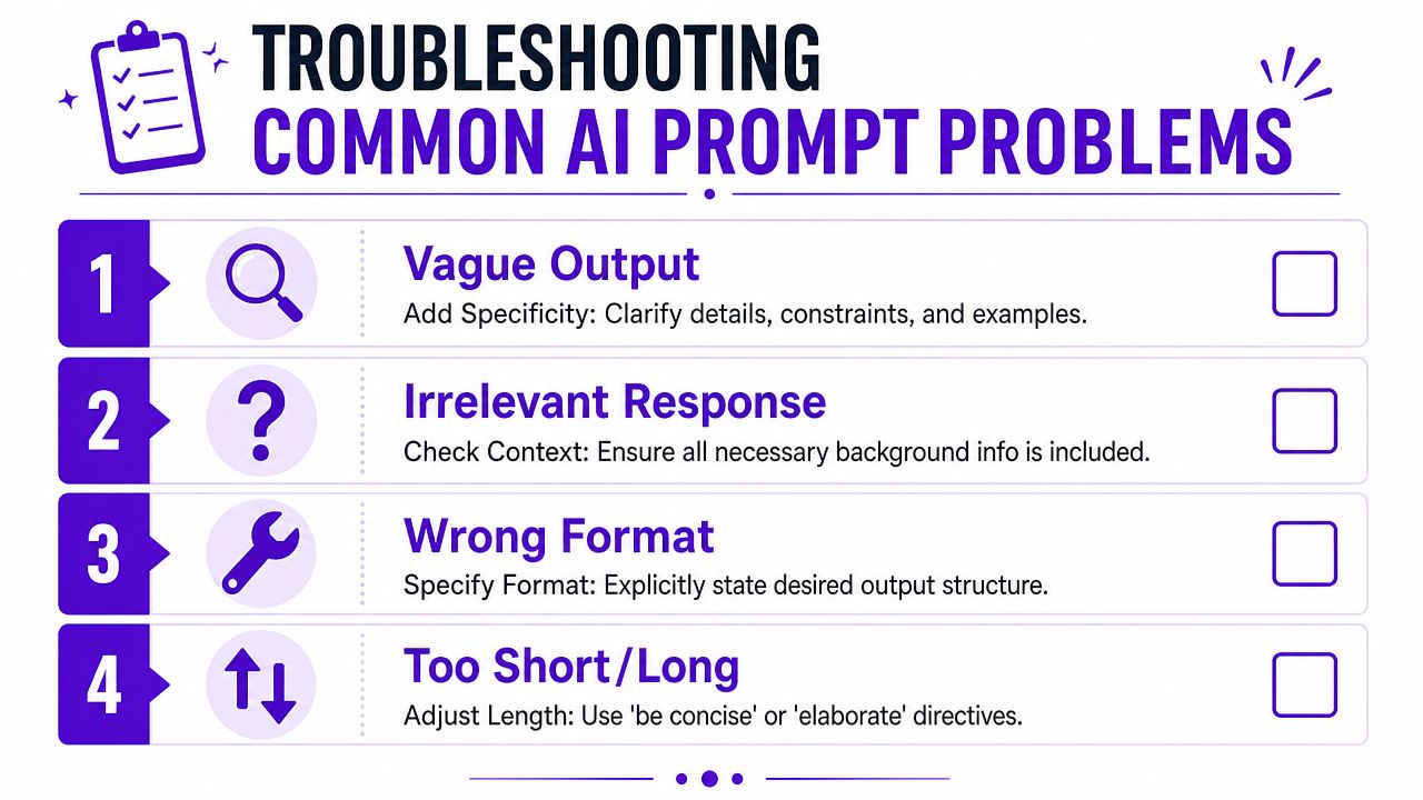 A troubleshooting guide showing how to fix common AI prompt issues with numbered solutions and instructions.