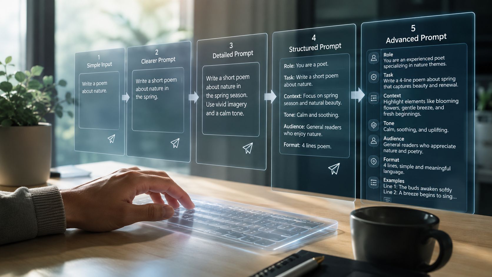 A person typing on a holographic keyboard with a diagram showing the progression of AI prompt engineering.