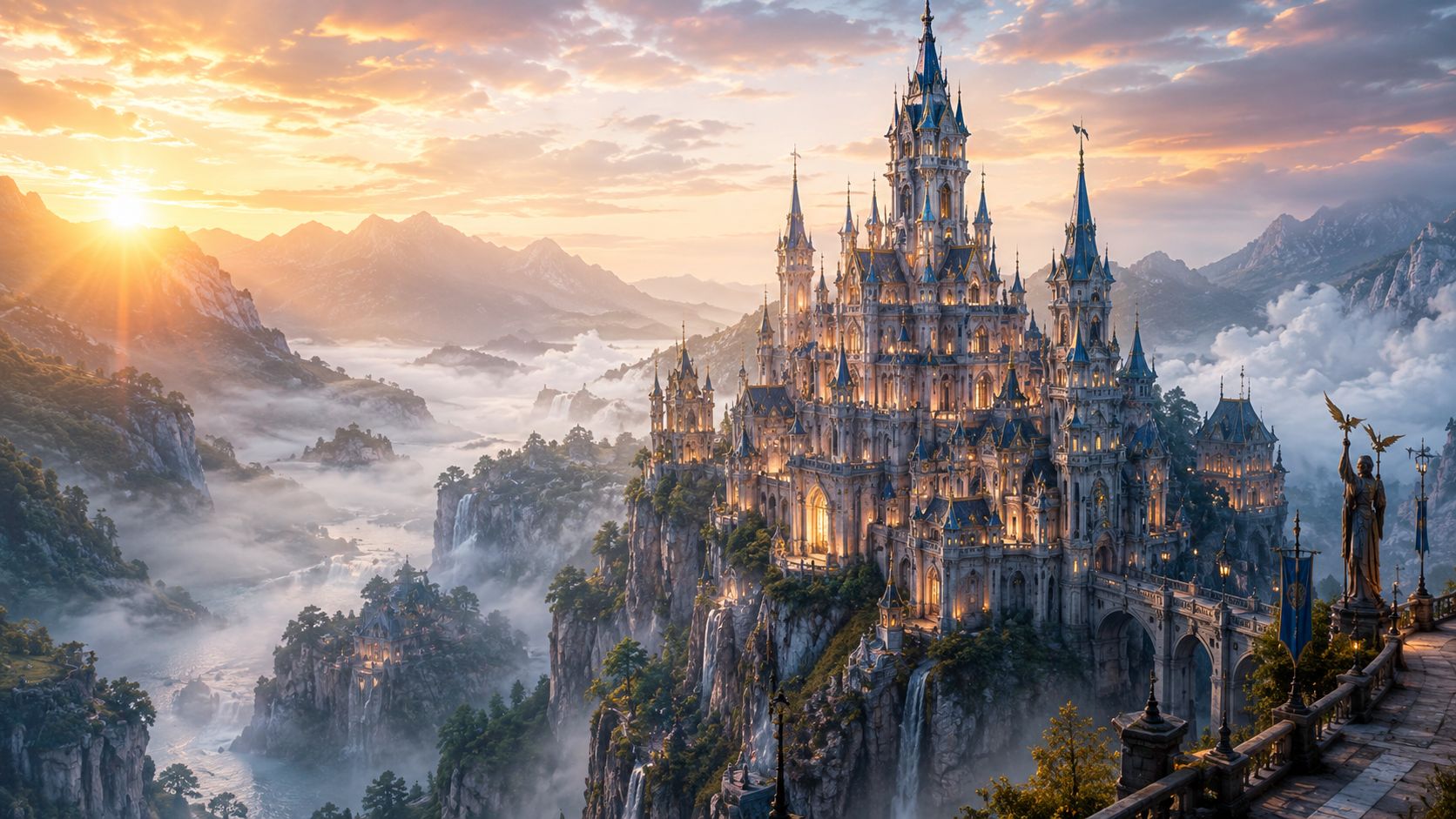 A breathtaking fantasy castle built on a mountain peak at sunset with waterfalls and surrounding clouds.