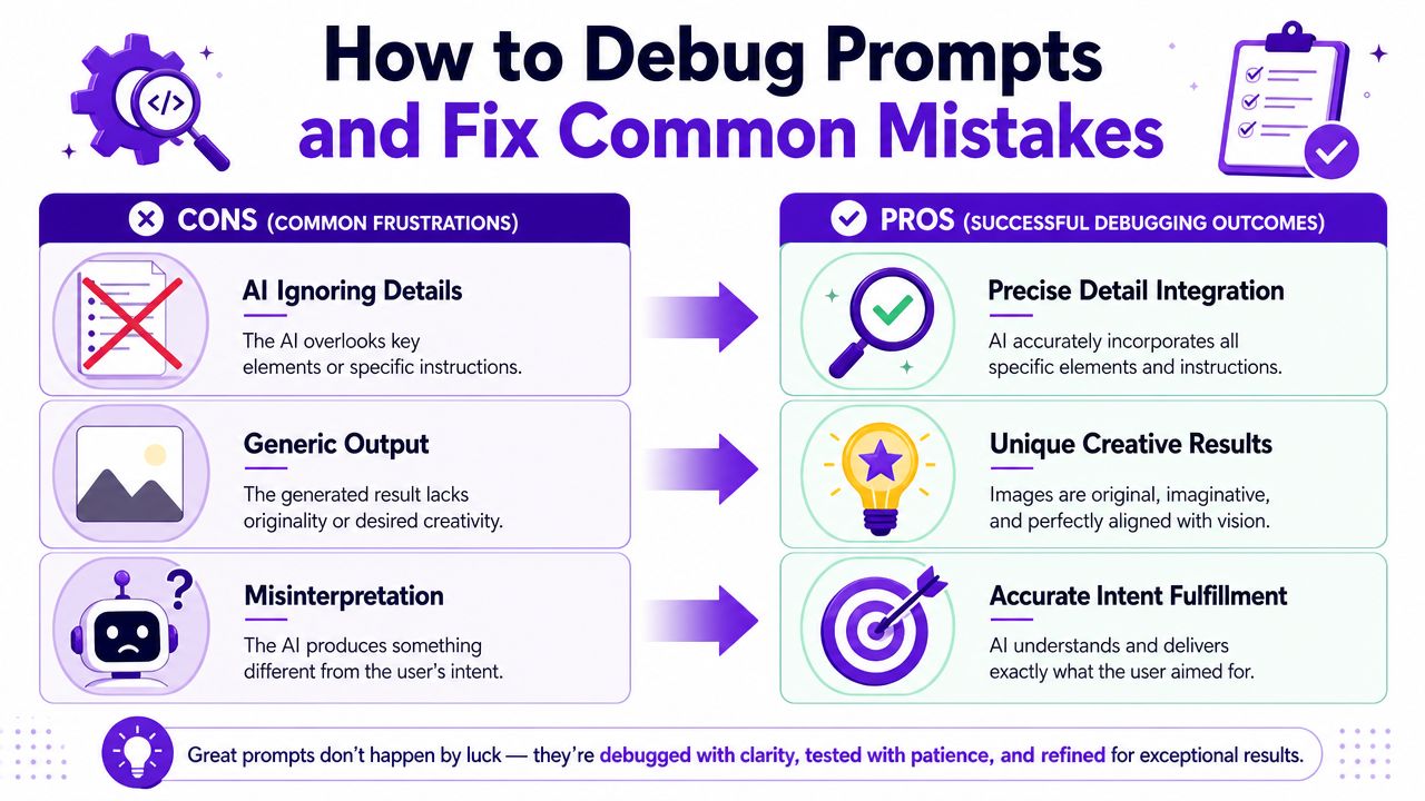 A comparison chart showing how to debug prompts and fix common artificial intelligence mistakes for better results.