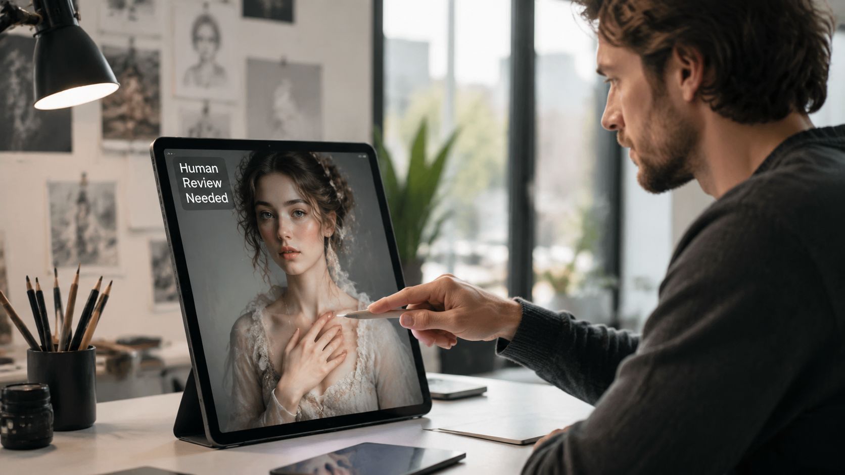 A professional digital artist reviewing an AI-generated portrait on a tablet screen for quality assurance purposes.