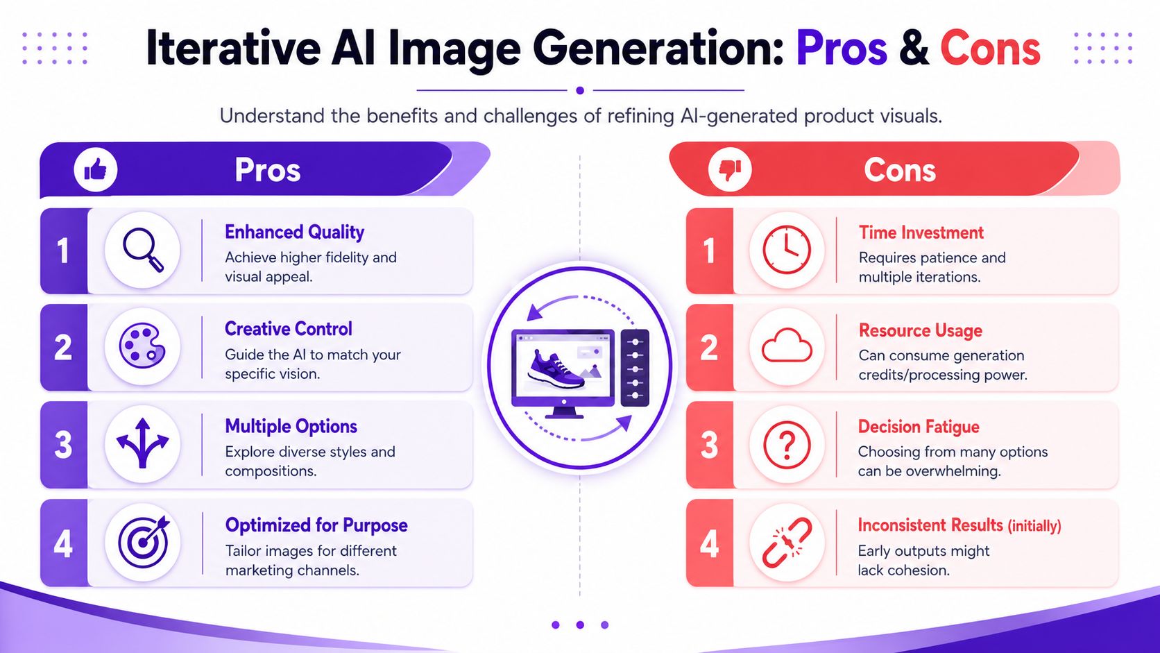 An infographic comparing the pros and cons of using iterative AI processes to generate product marketing visuals.