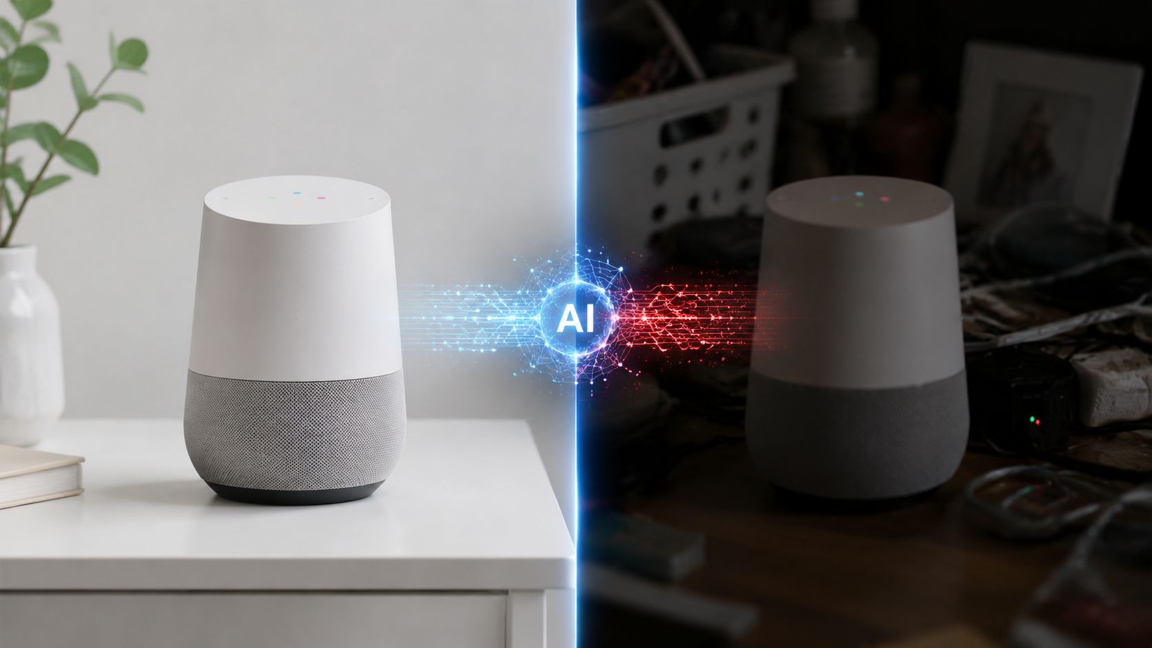 A split-screen comparison showing a clean smart speaker on the left and a cluttered environment on the right.