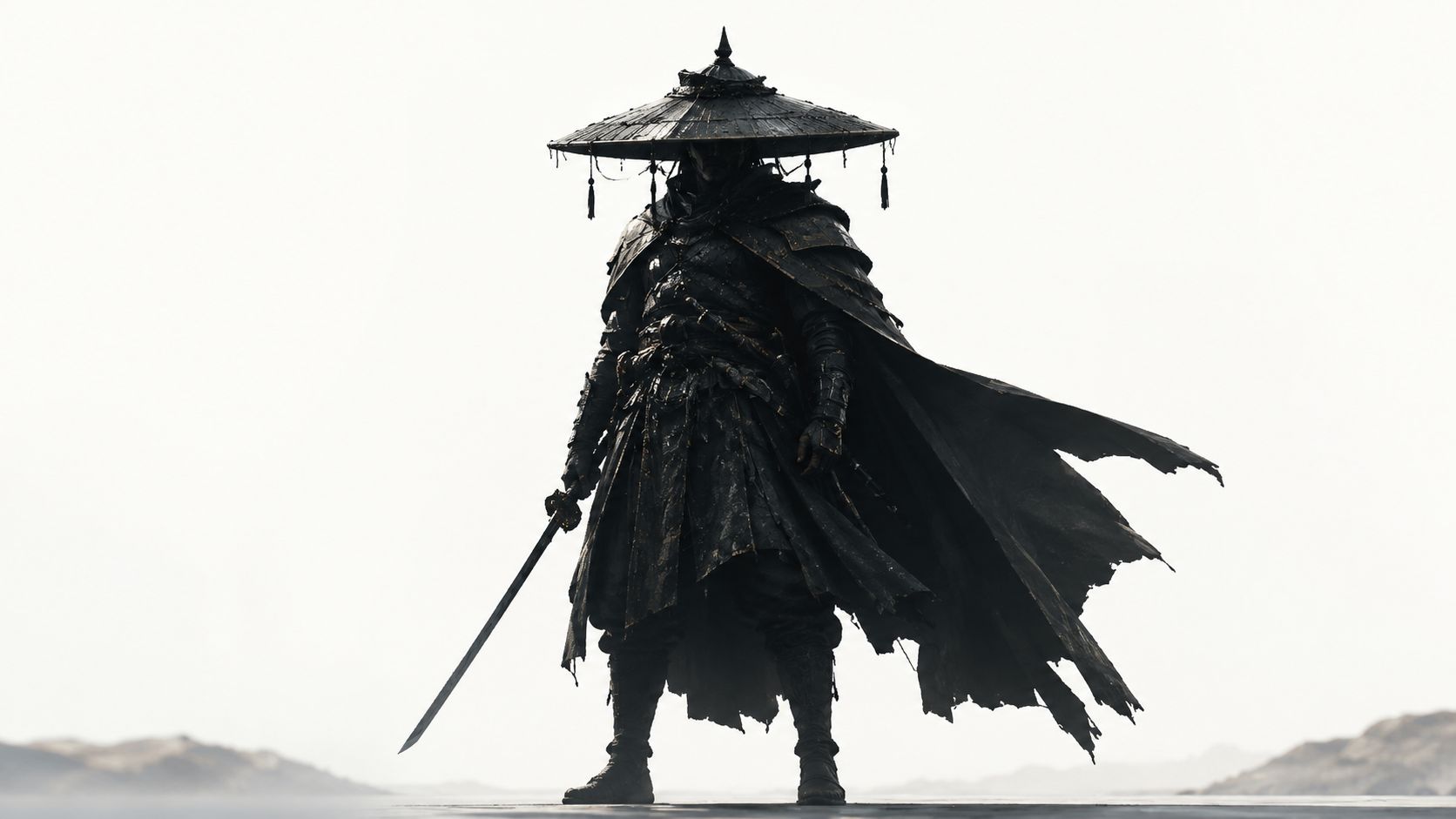 A dark, mysterious warrior in samurai-inspired armor standing against a bright, minimalist white background.