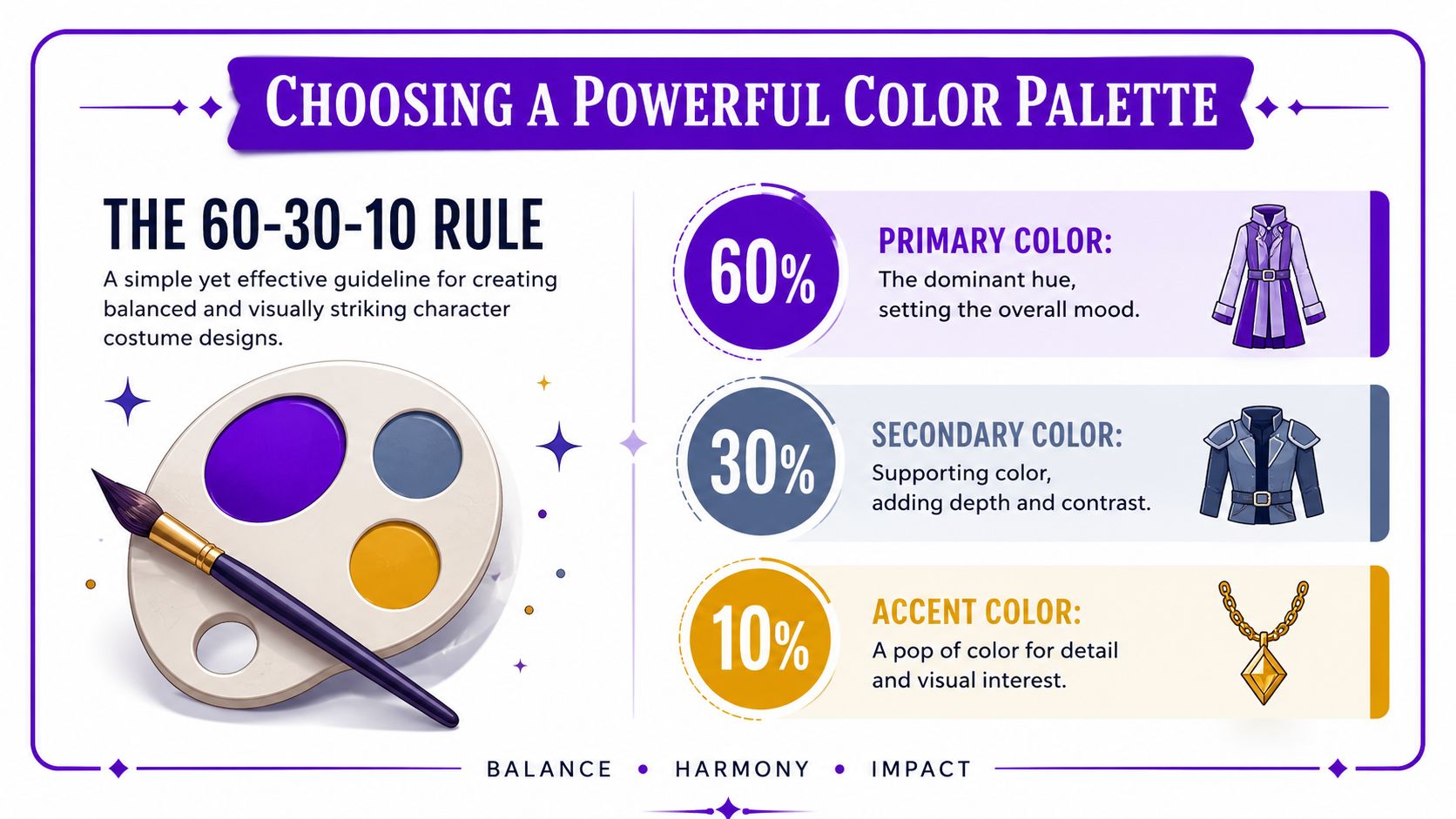 An infographic explaining the 60-30-10 color rule for creating balanced and visually appealing character costume designs.