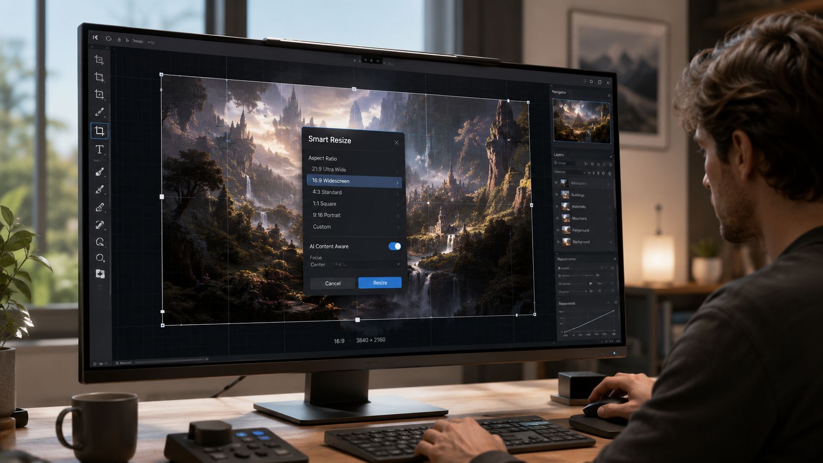 A digital designer working on a landscape fantasy image using a smart resize software tool on a computer.