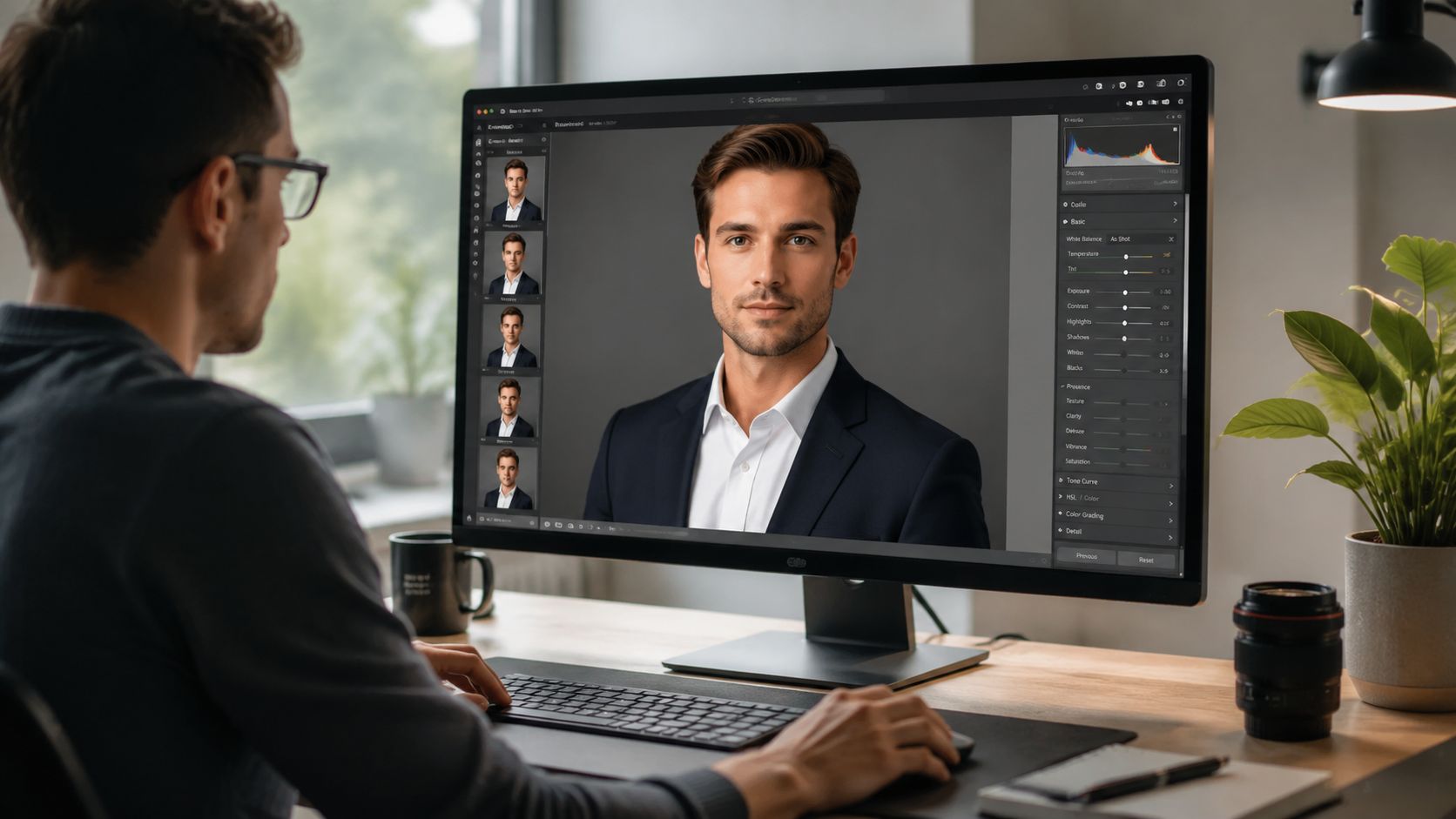 A professional man editing a formal corporate headshot on his computer screen in a bright office environment.