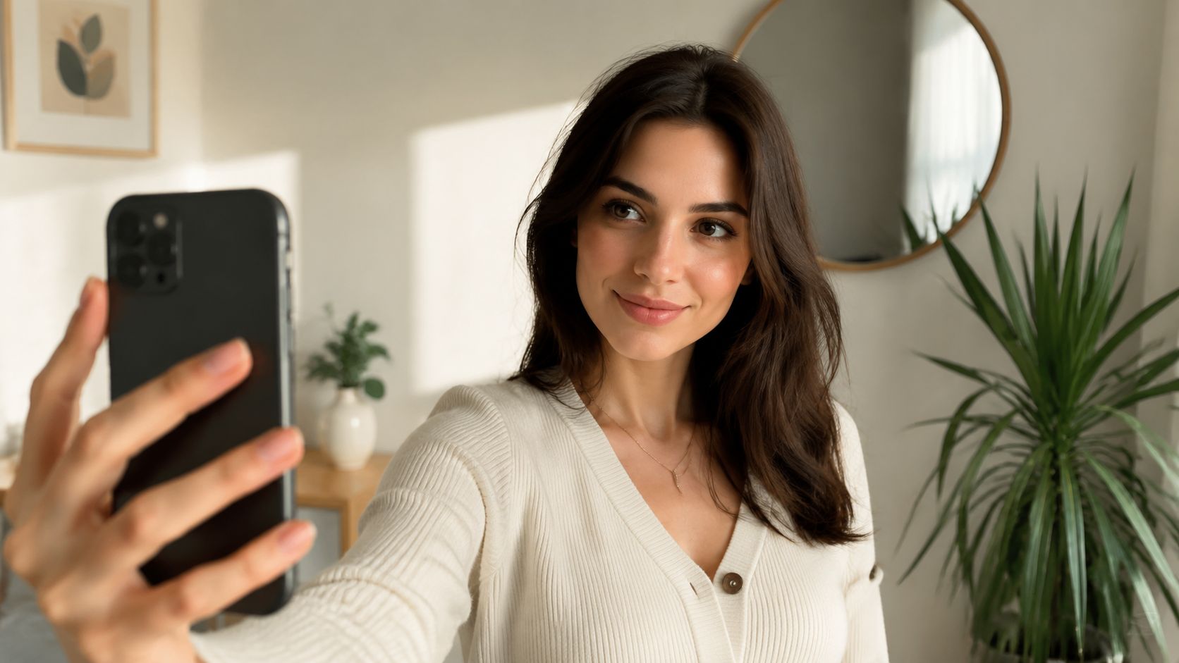 A young woman smiling while taking a selfie with a smartphone in a bright, modern room.