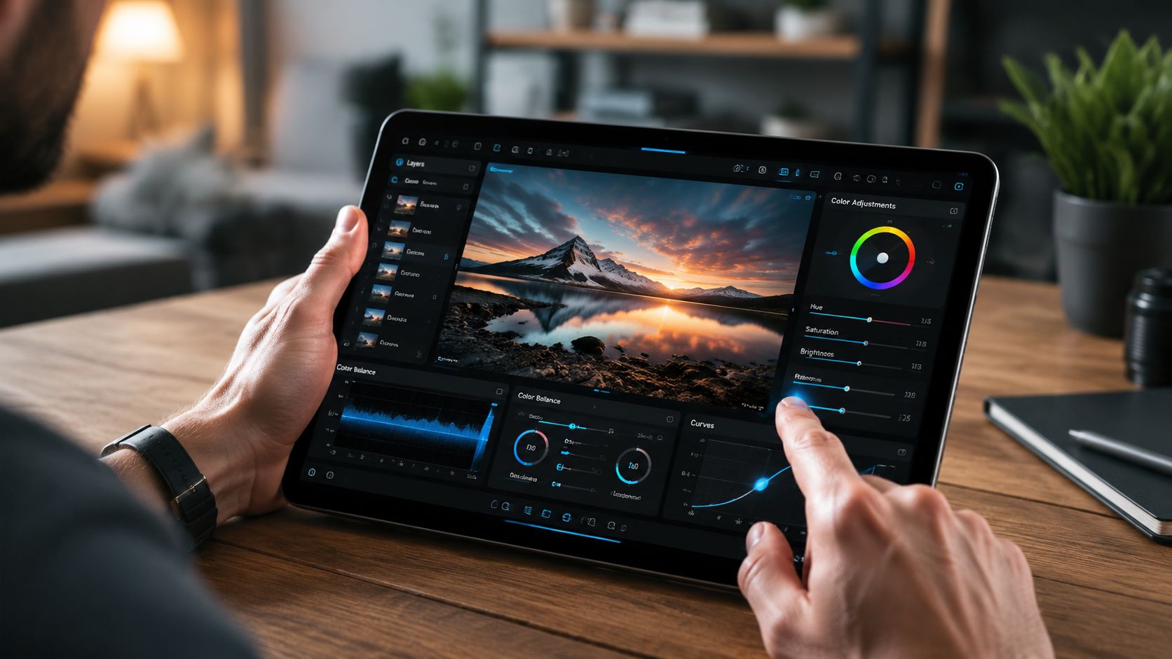 Iemand die een futuristische AI-fotobewerkingsapplicatie op een tablet gebruikt om een afbeelding te verbeteren.