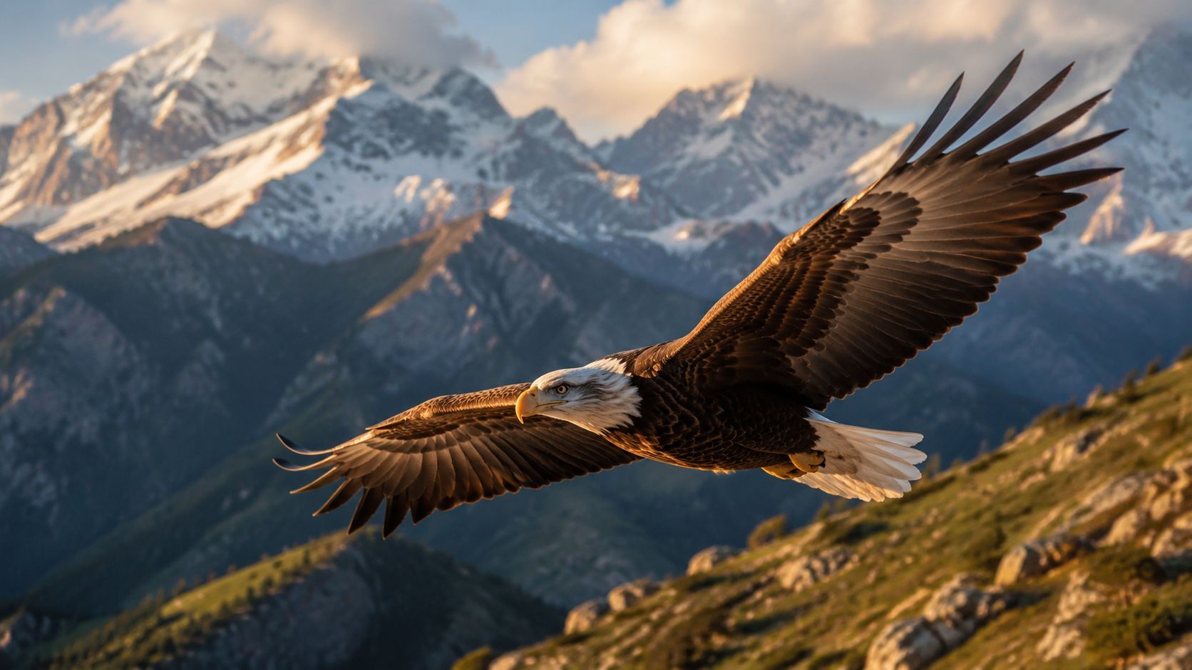 Hyperrealistische, door AI gegenereerde afbeelding van een majestueuze adelaar die over bergen vliegt, gemaakt met starryai.