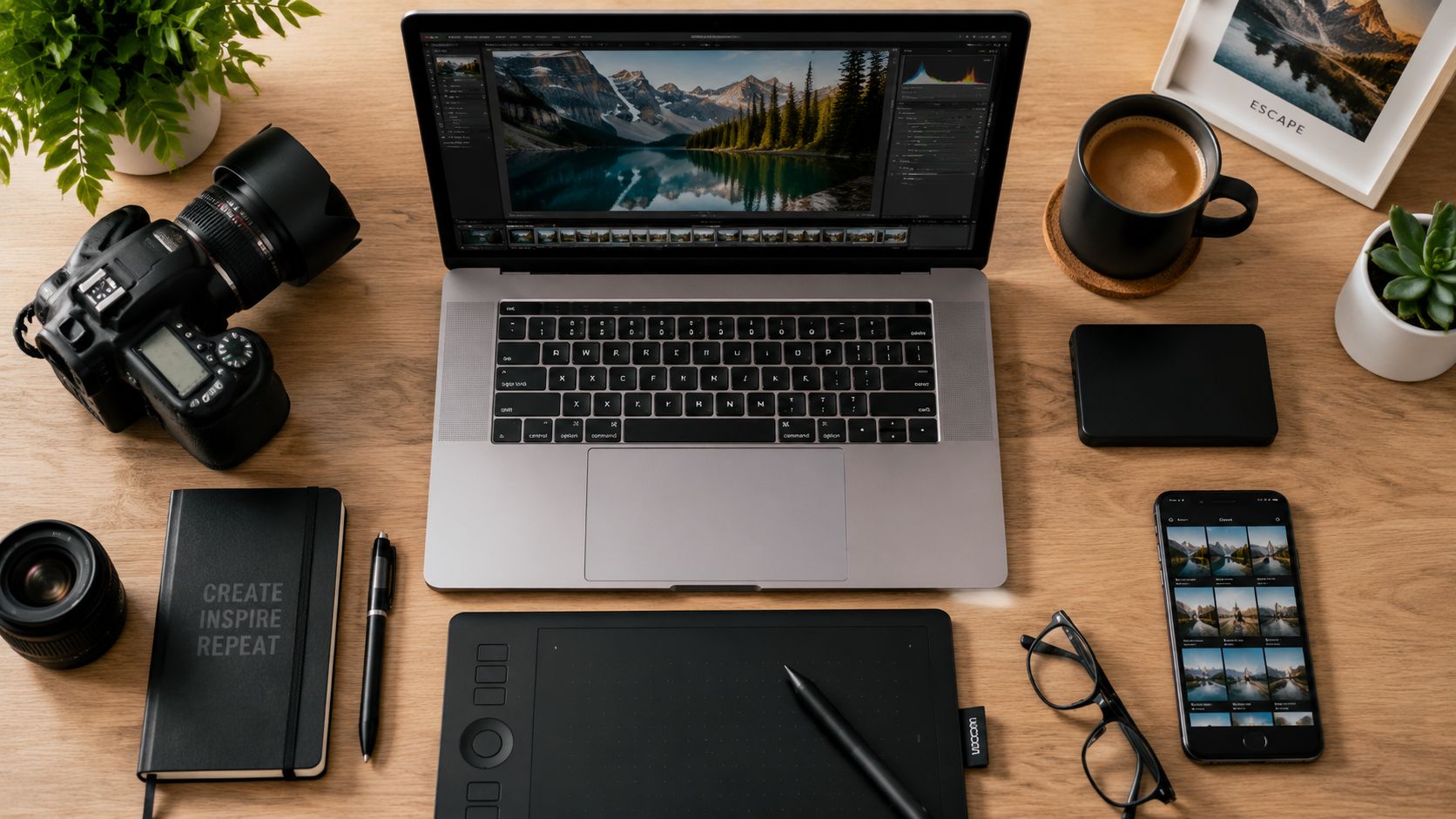 Een flat-layfoto van een fotograaf bureau met een camera, laptop en tablet, die een moderne AI-fotobewerkingsworkflow vertegenwoordigt.